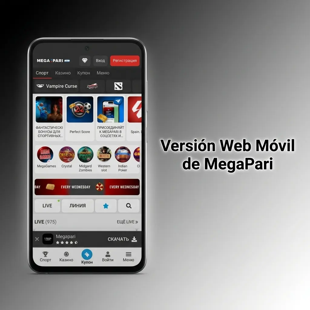 Versión web móvil de MegaPari con apuestas deportivas, casino en vivo y métodos de pago para Argentina sin descargar nada